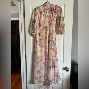 Pink floral wrap dress.